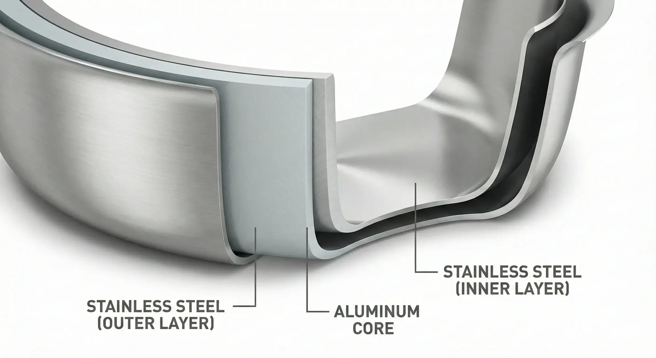 Tri-ply construction explained Cross-section of tri-ply pan showing three layers
