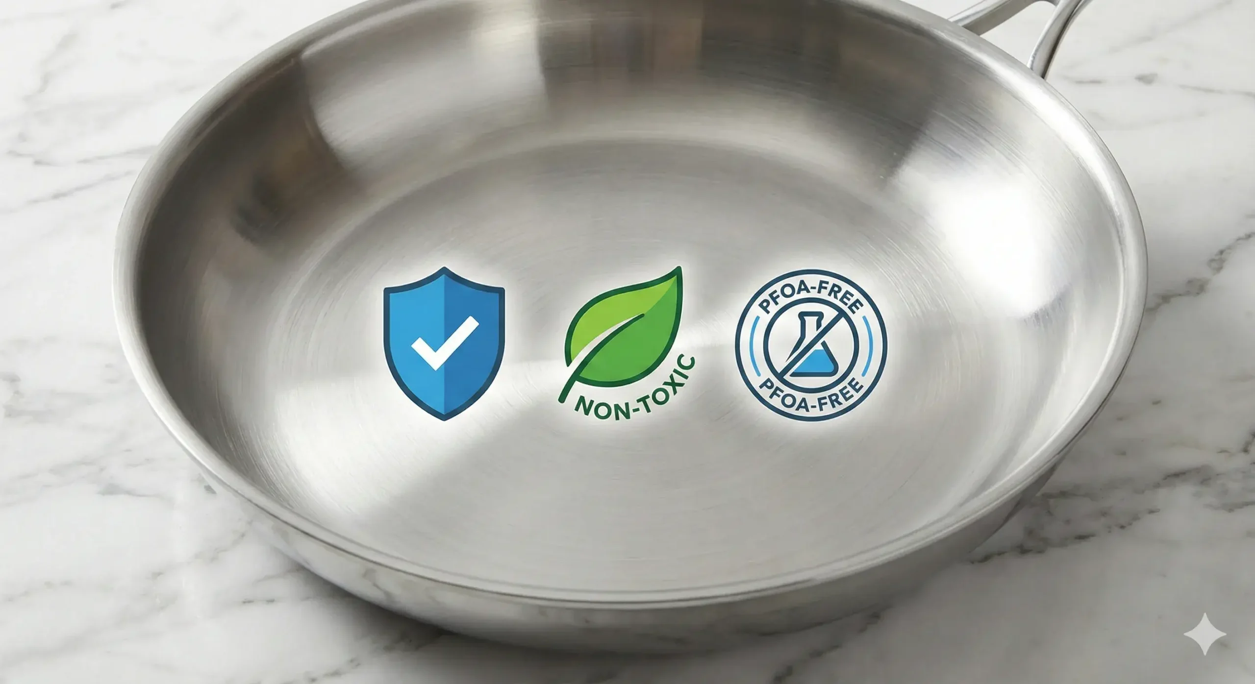 Safe cooking surface Clean tri-ply pan surface with health symbols