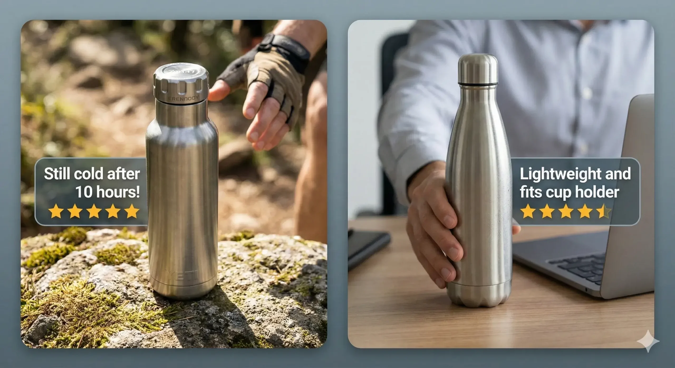 Quotes and star ratings beside real bottles in use