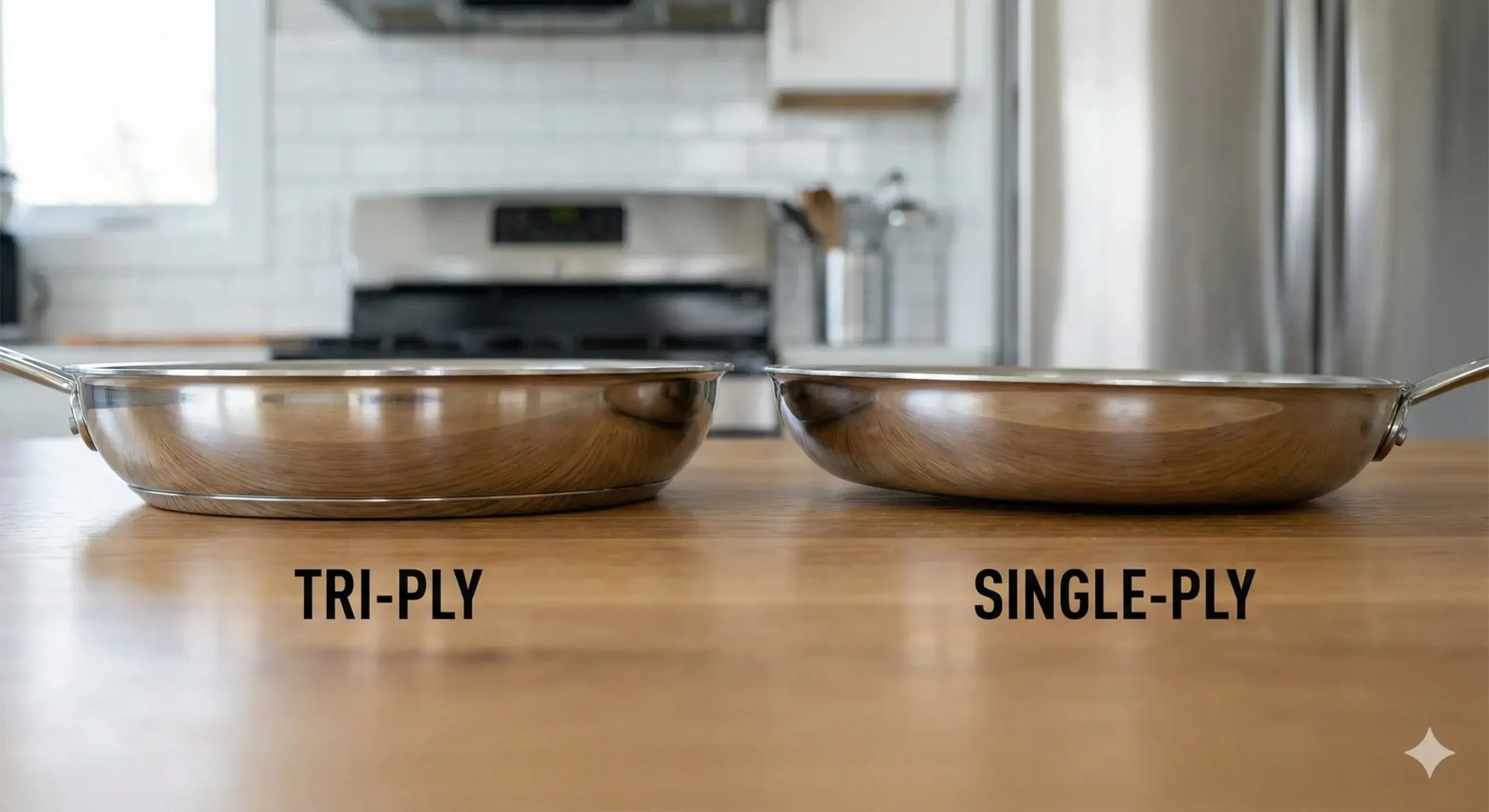 Durability comparison Tri-ply pan with no warping beside warped single-ply pan