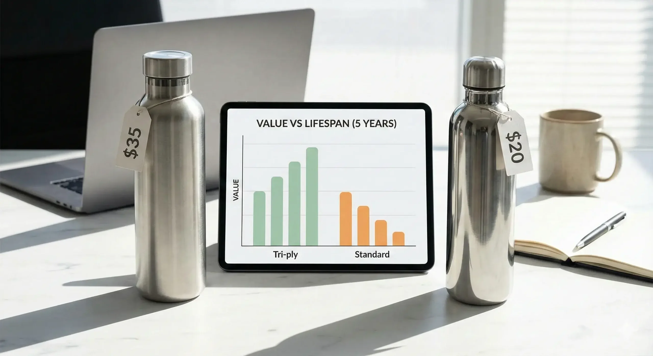 Tri-ply and stainless bottles with price tags and value chart