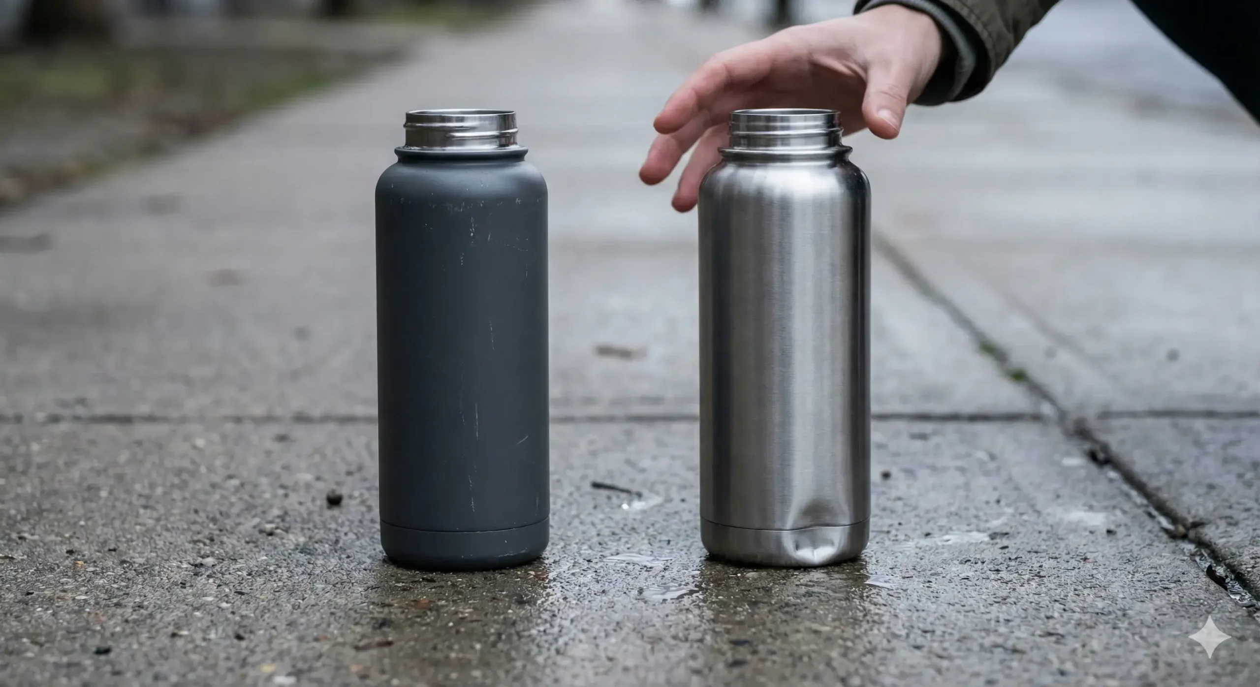 Tri-ply bottle intact, stainless steel bottle dented after drop