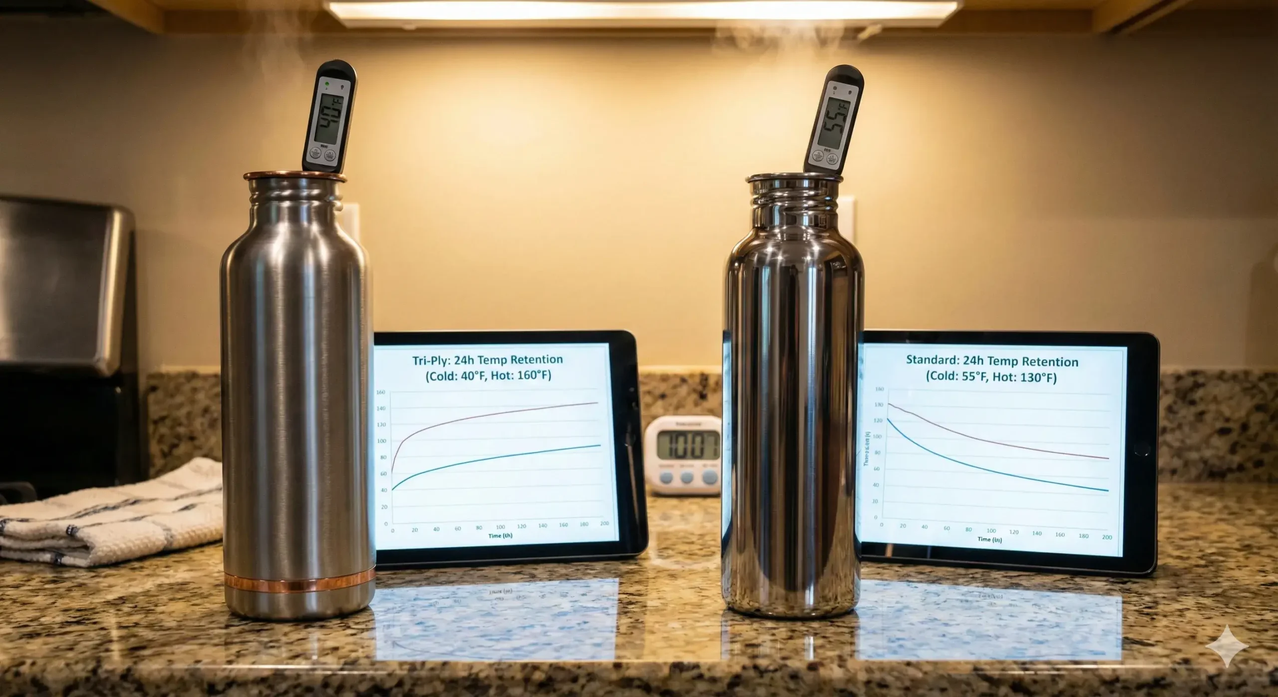 Temperature retention graph beside both bottles