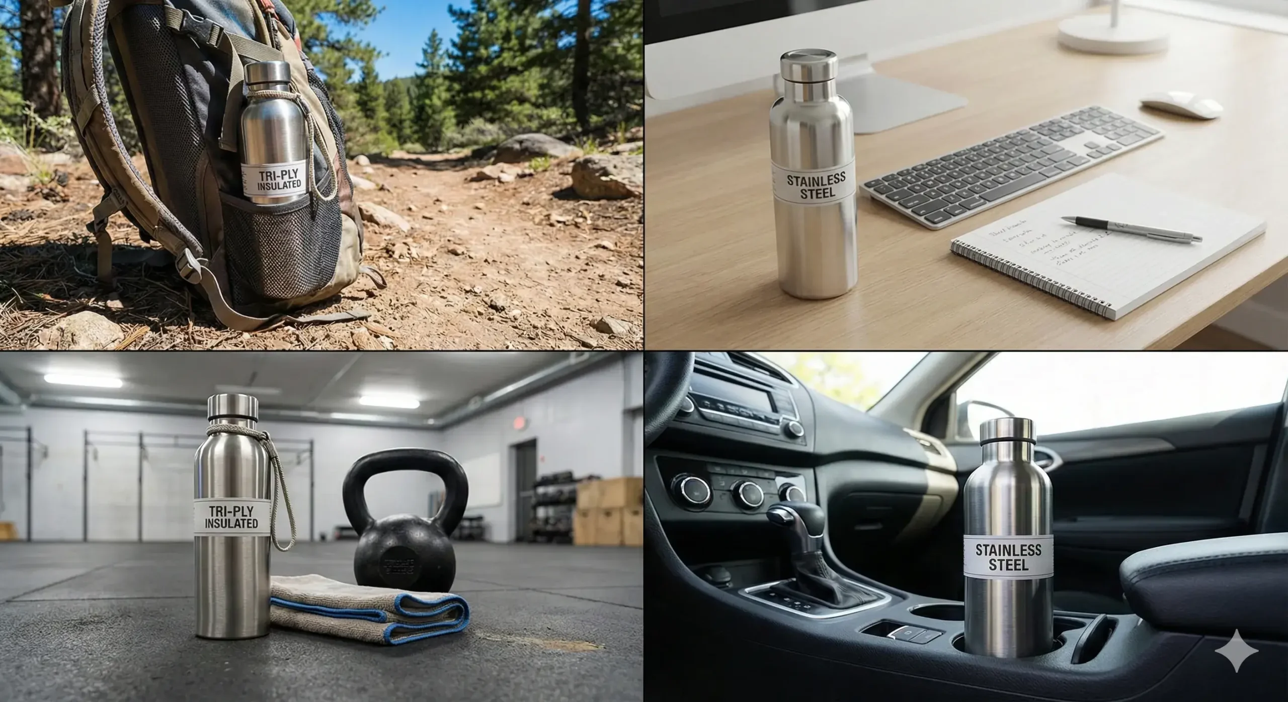 Icons showing best uses for tri-ply and stainless bottles