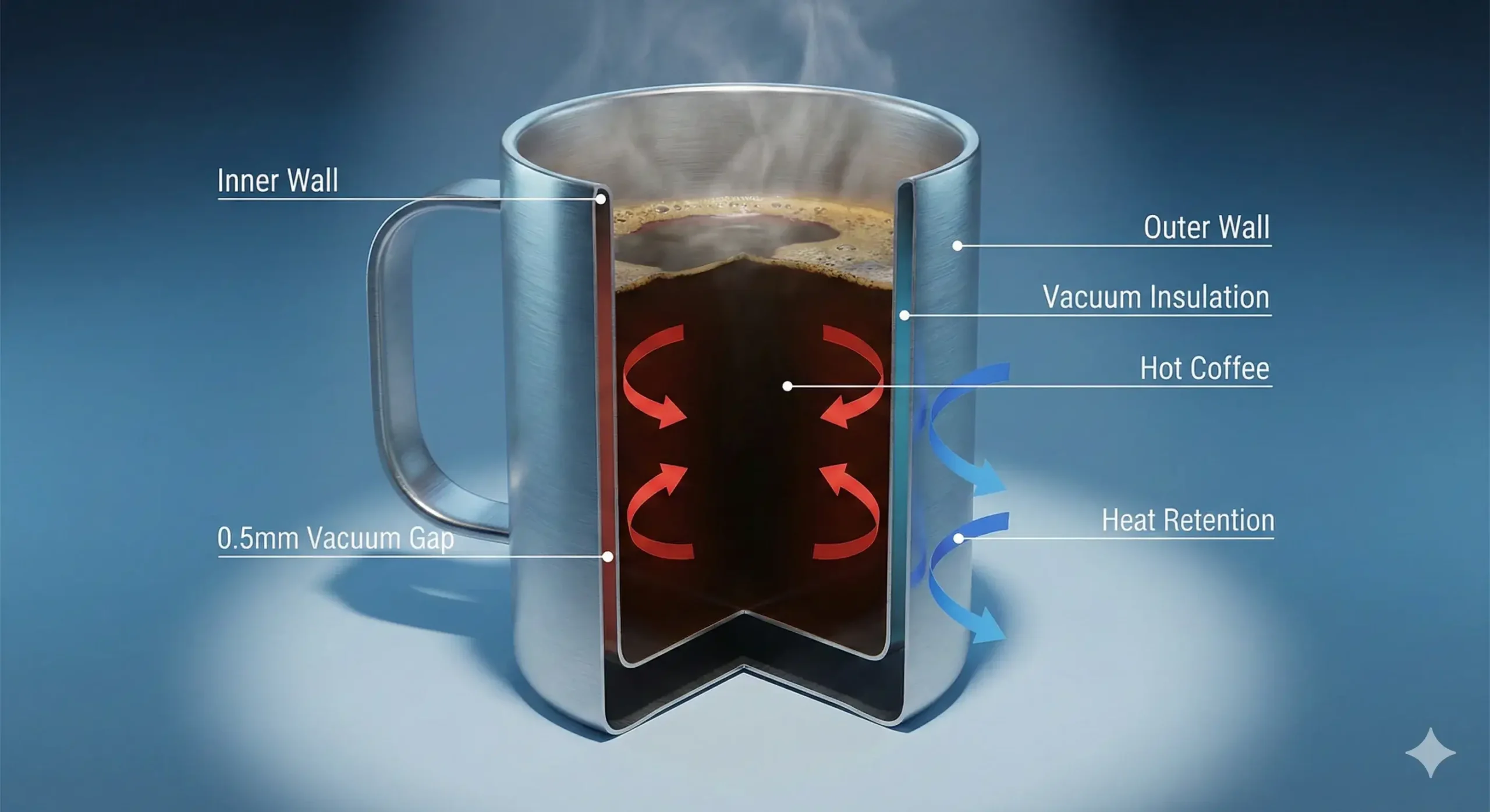 Vacuum insulation layers Cross-section of vacuum-insulated coffee mug holding heat