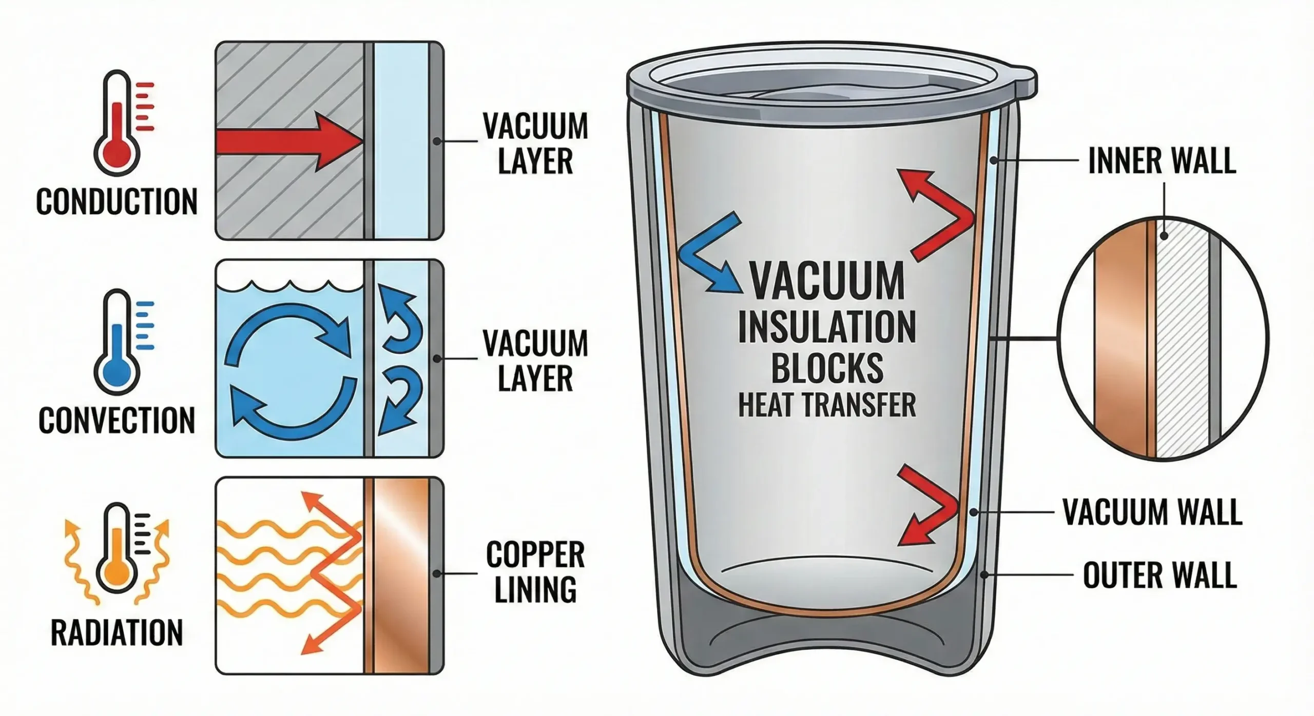 How vacuum blocks heat Diagram showing how vacuum insulation blocks conduction, convection, and radiation