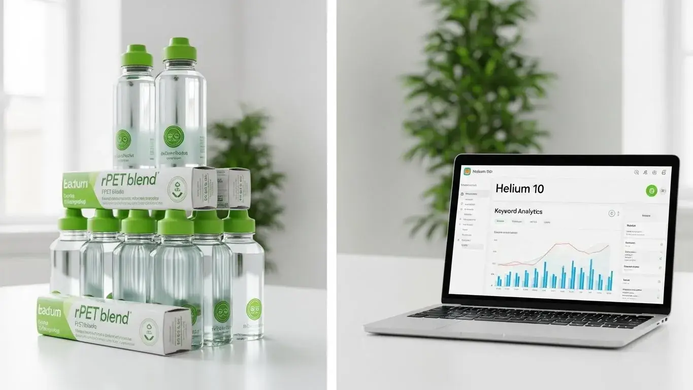 Sustainable rPET water bottles beside AI keyword dashboard