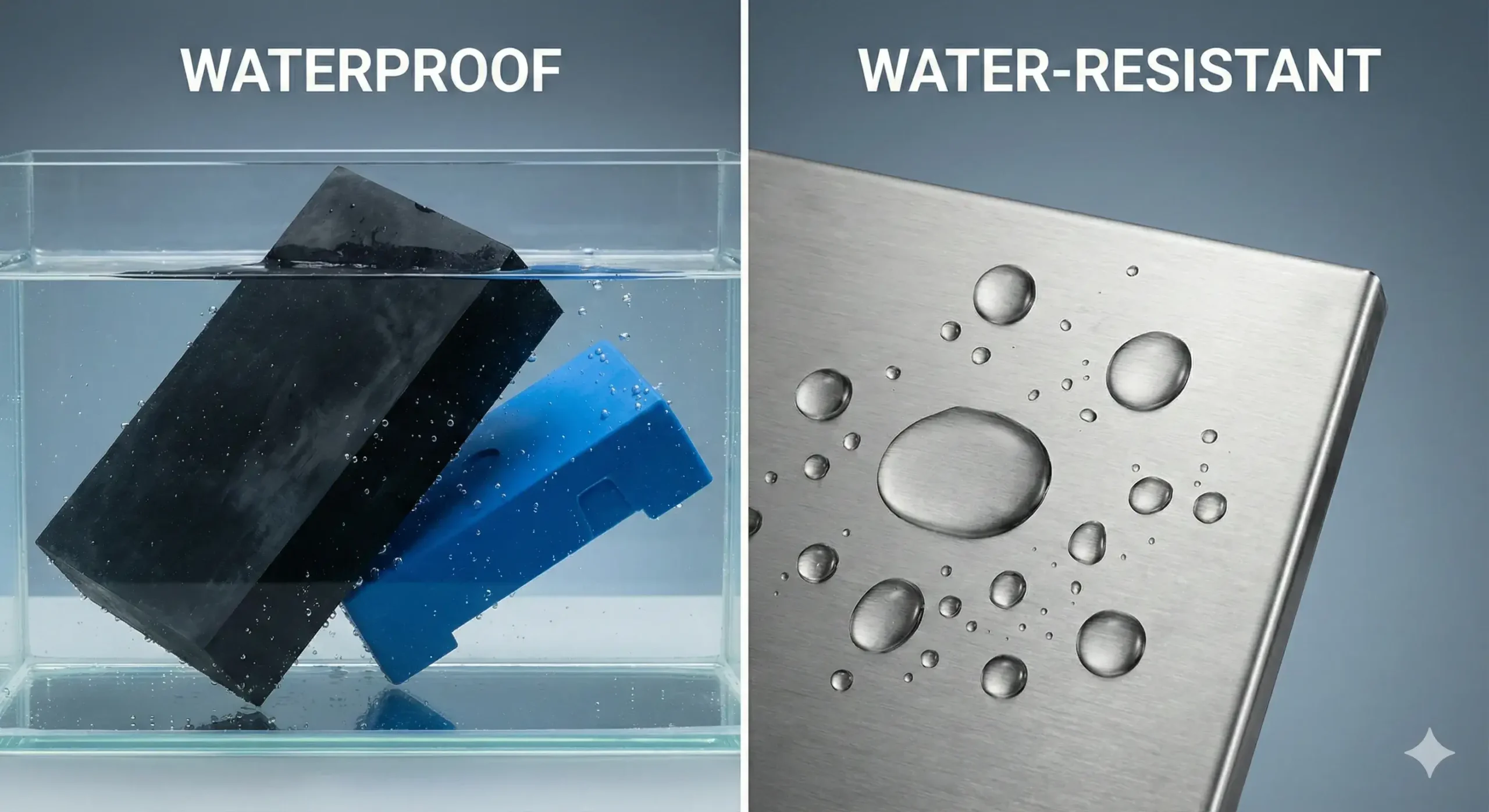 Waterproof vs water-resistant Comparison of waterproof and water-resistant materials with stainless steel example