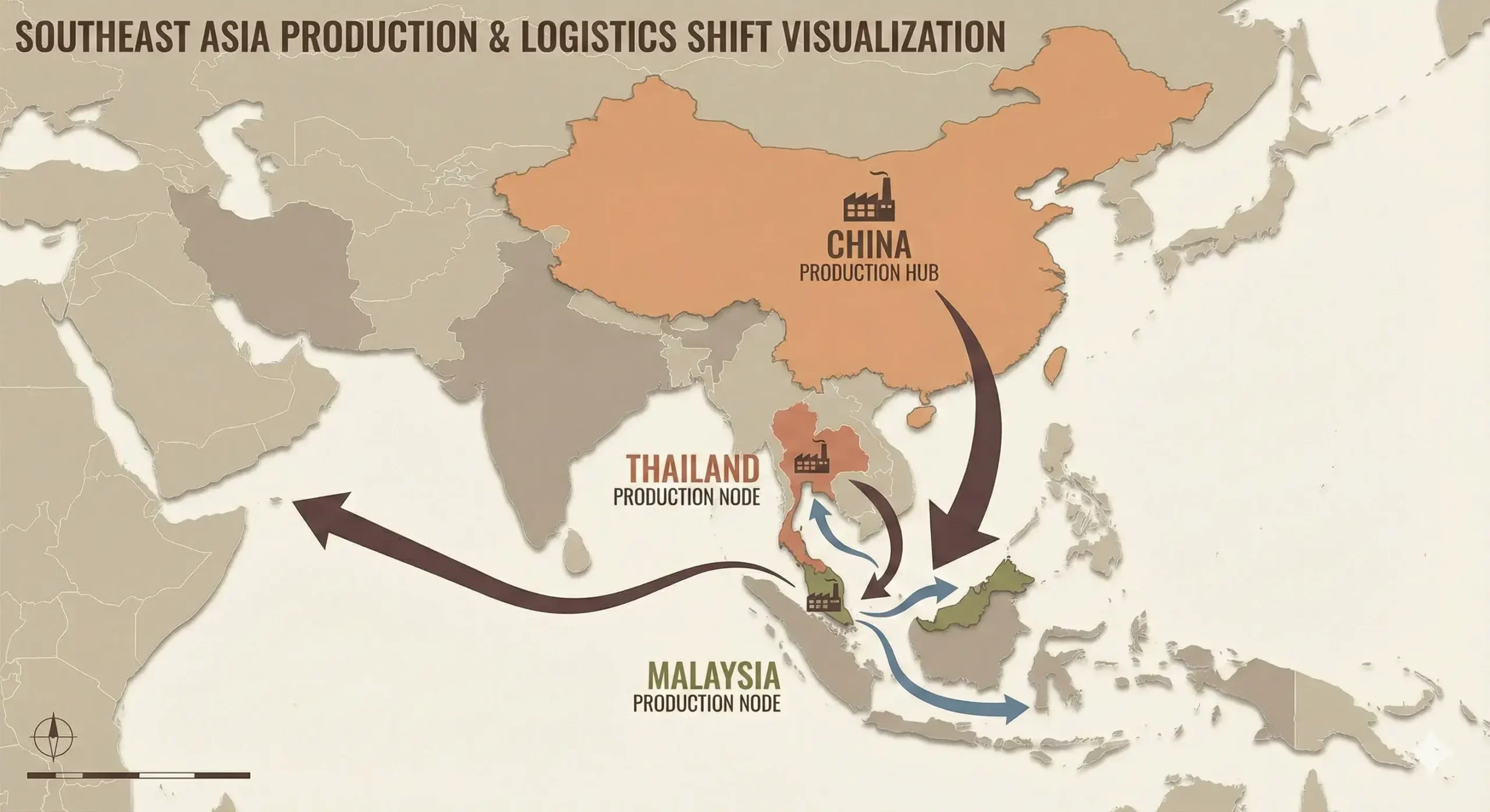 Production region comparison Map showing China, Malaysia, and Thailand with factory icons
