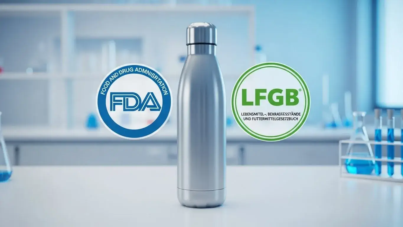 FDA vs LFGB FDA and LFGB logos over a stainless steel tumbler