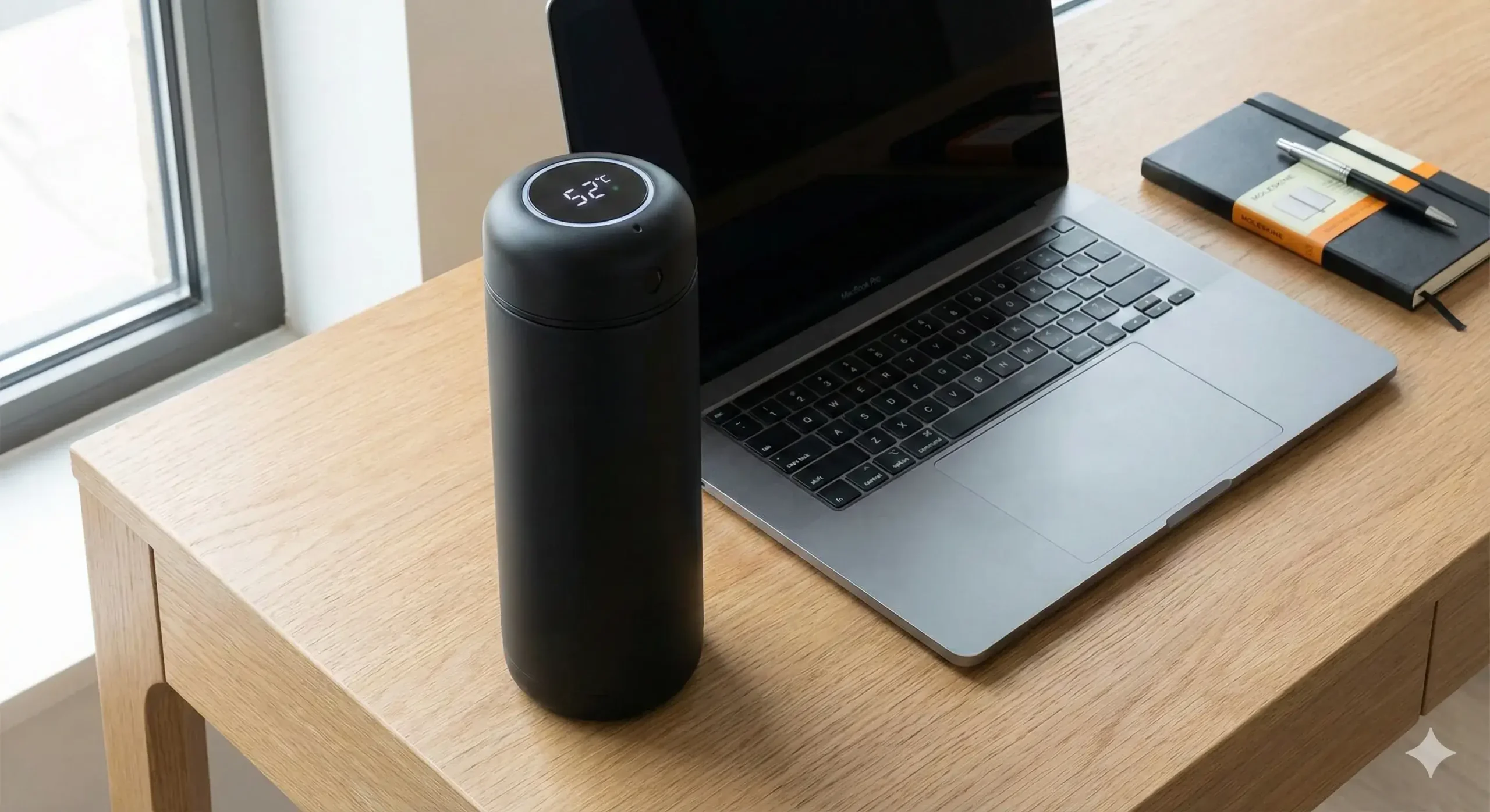Smart tumbler features Smart tumbler with digital temperature display on a desk