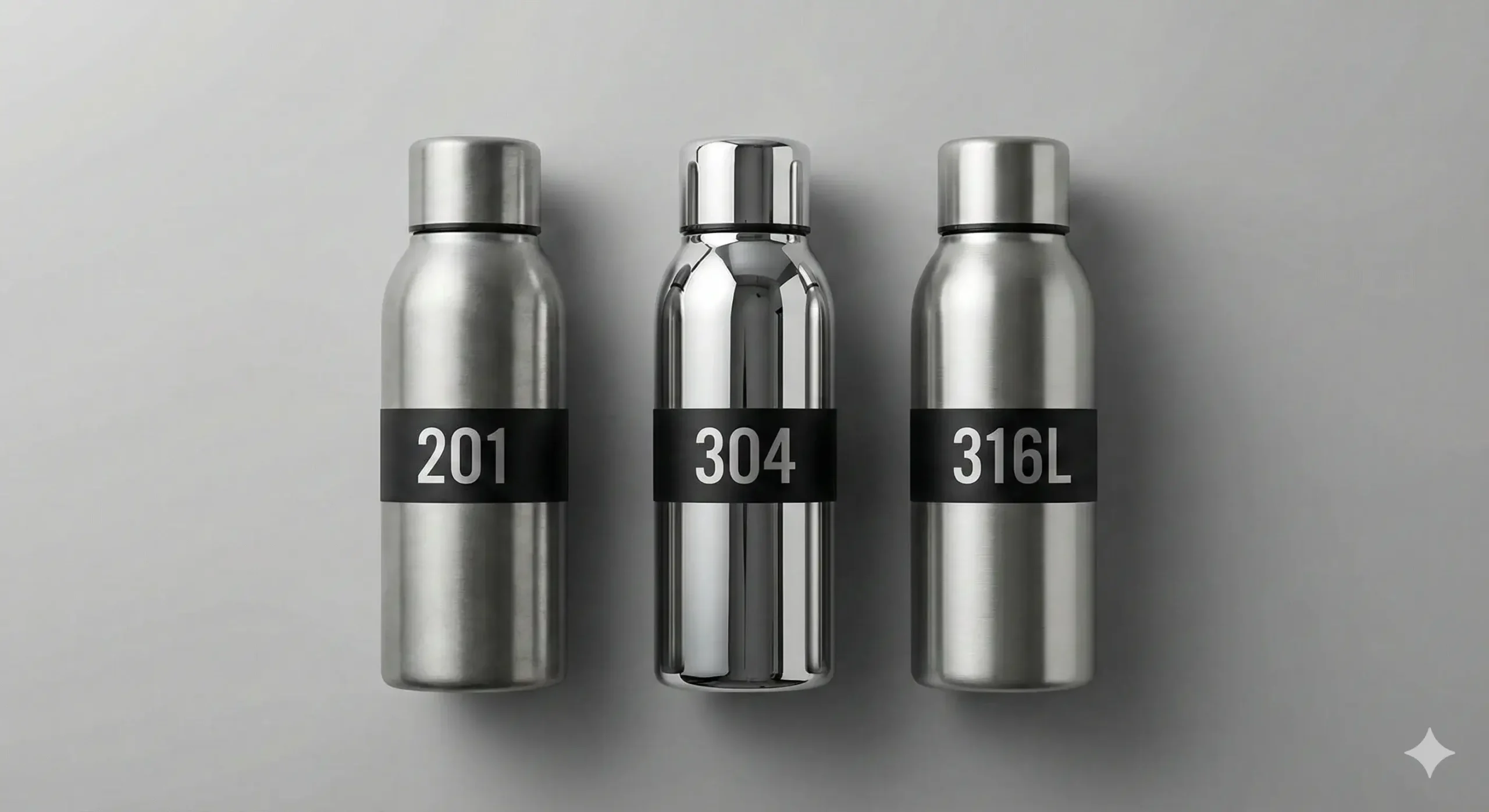 Compare stainless steel types Three tumblers labeled 201, 304, and 316L stainless steel