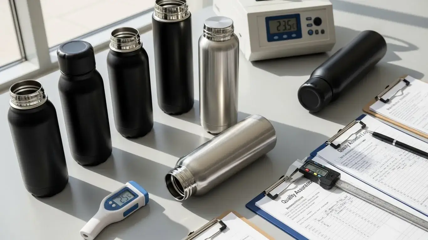 Quality-focused tumbler factory Quality testing insulated stainless steel tumblers on a table