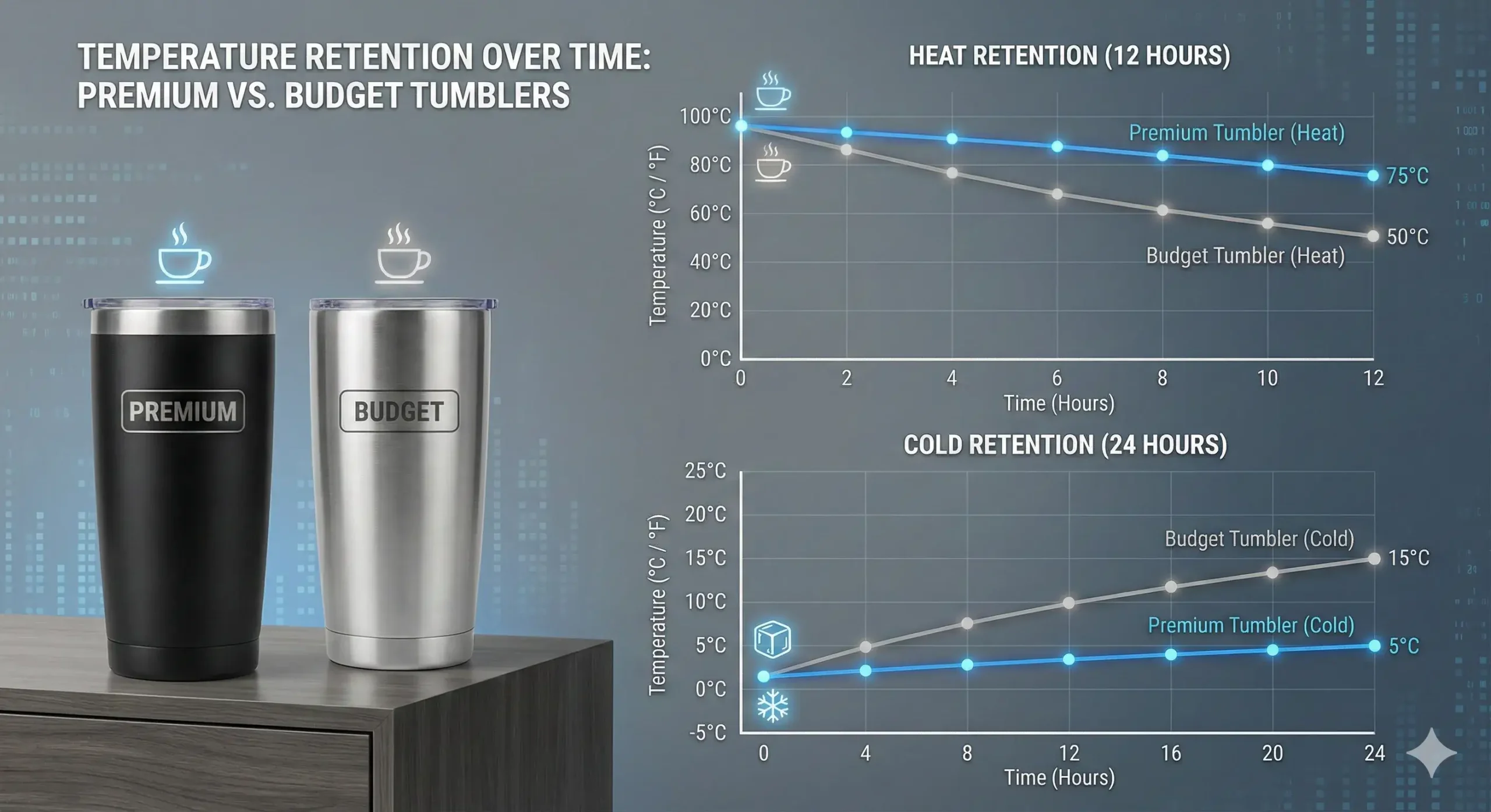 Vacuum insulation lifespan Tumbler insulation holding temperature over time chart