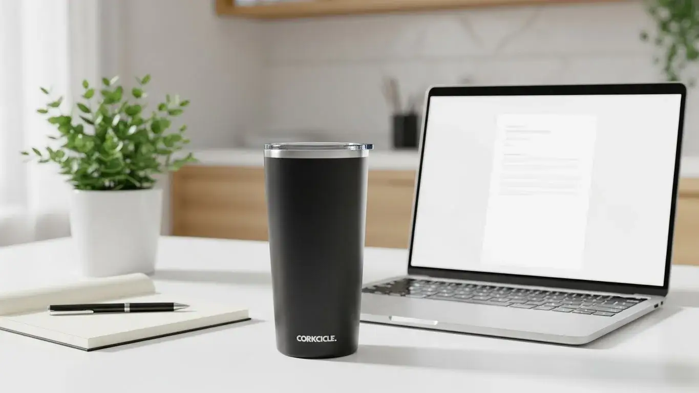 Corkcicle tumbler on minimalist desk