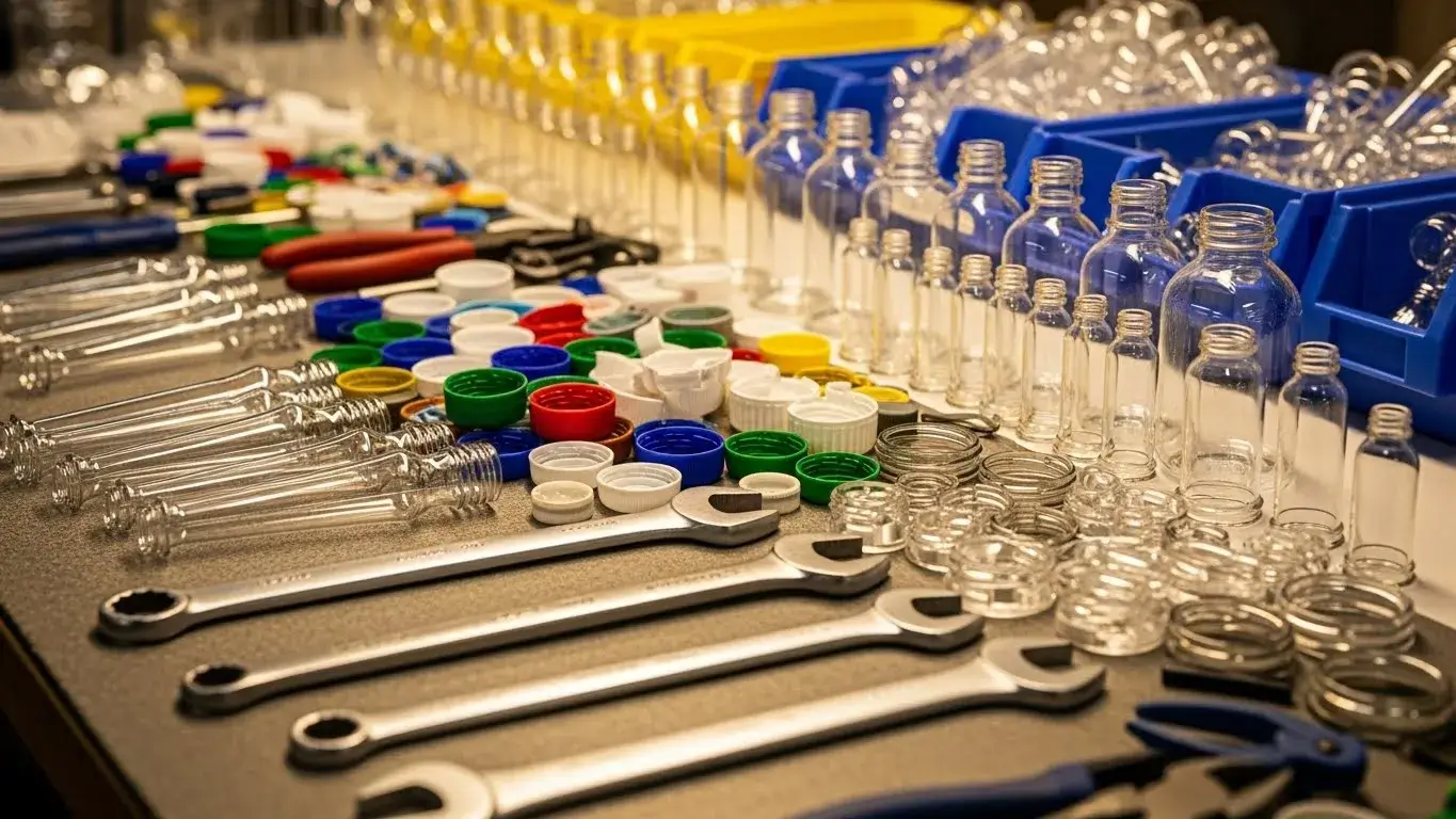 PET bottle parts and caps on assembly table