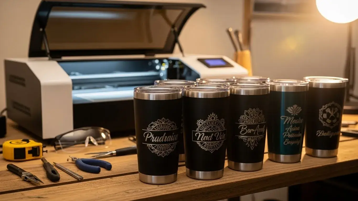 Engraved tumblers in local print shop