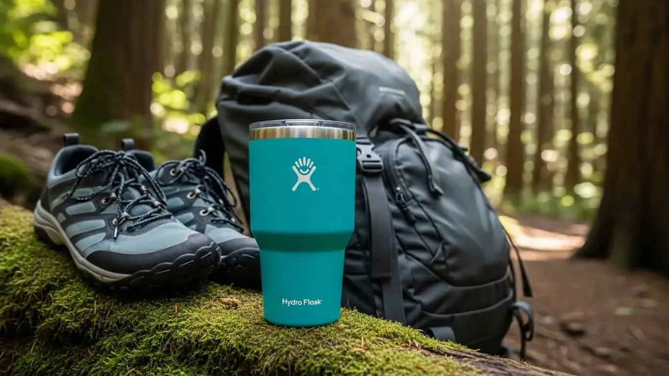Hydro Flask tumbler beside hiking gear