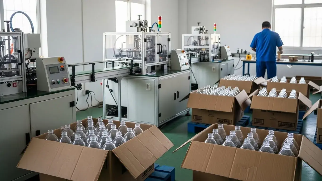 PET bottles packed in cartons at small factory