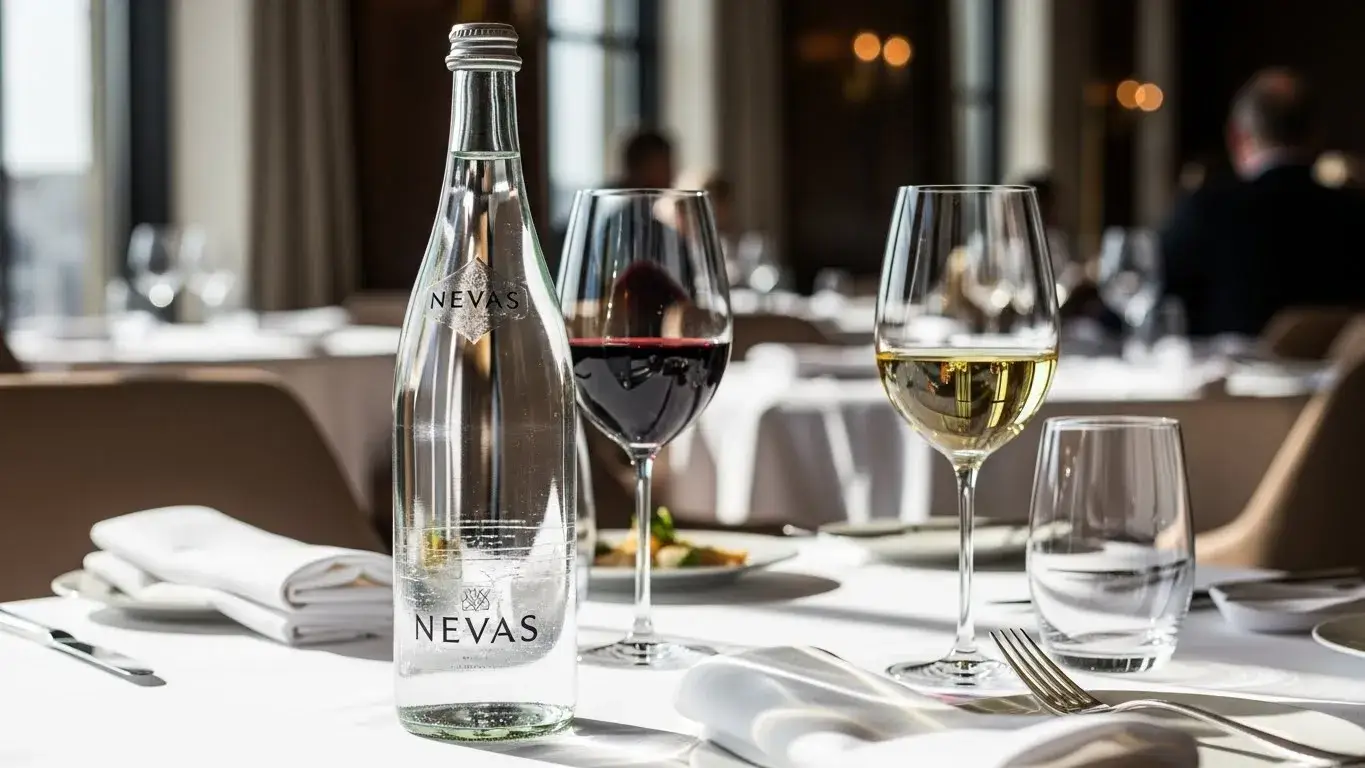 Nevas glass bottled water on restaurant table