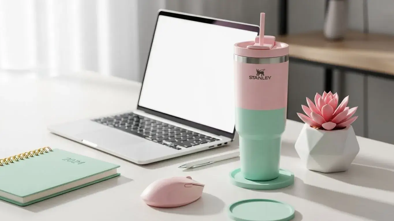 Stanley Quencher tumbler on trendy workspace desk