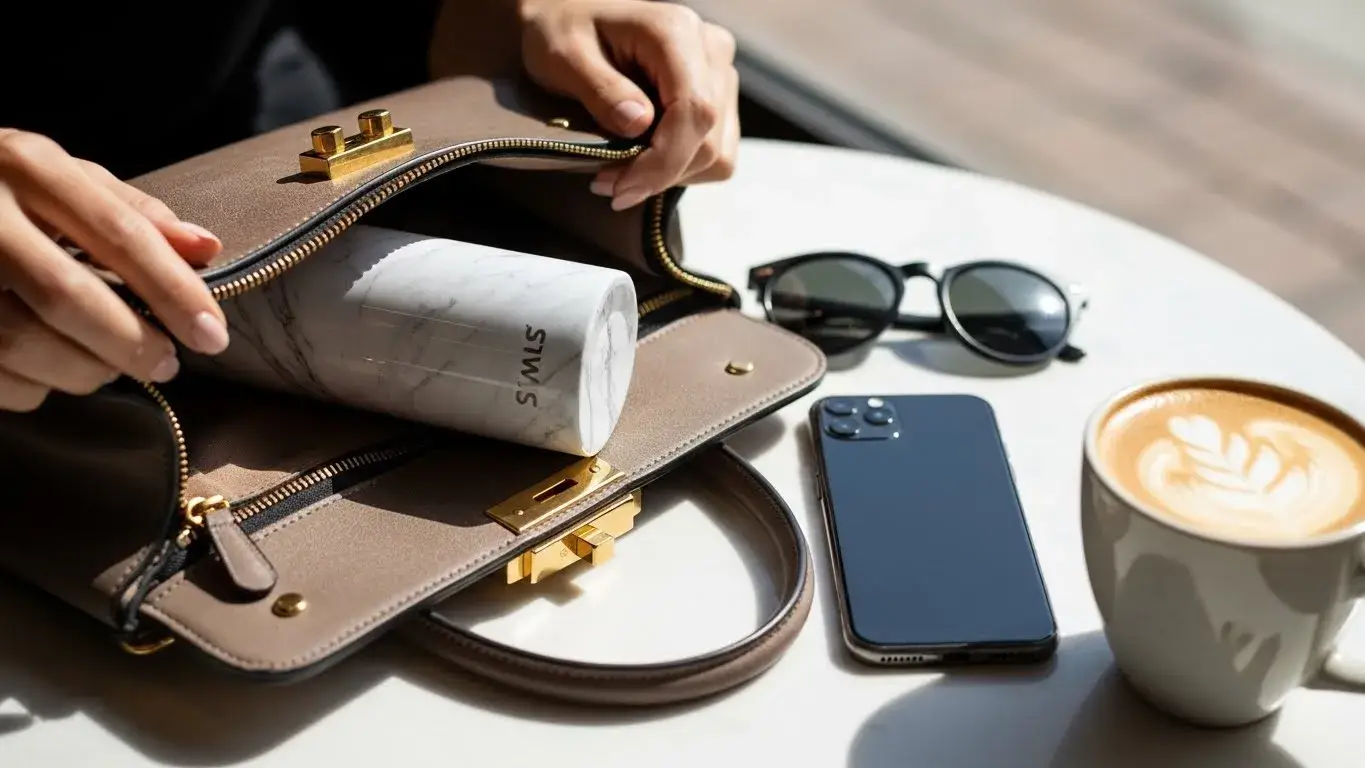 S’well tumbler in a handbag with accessories