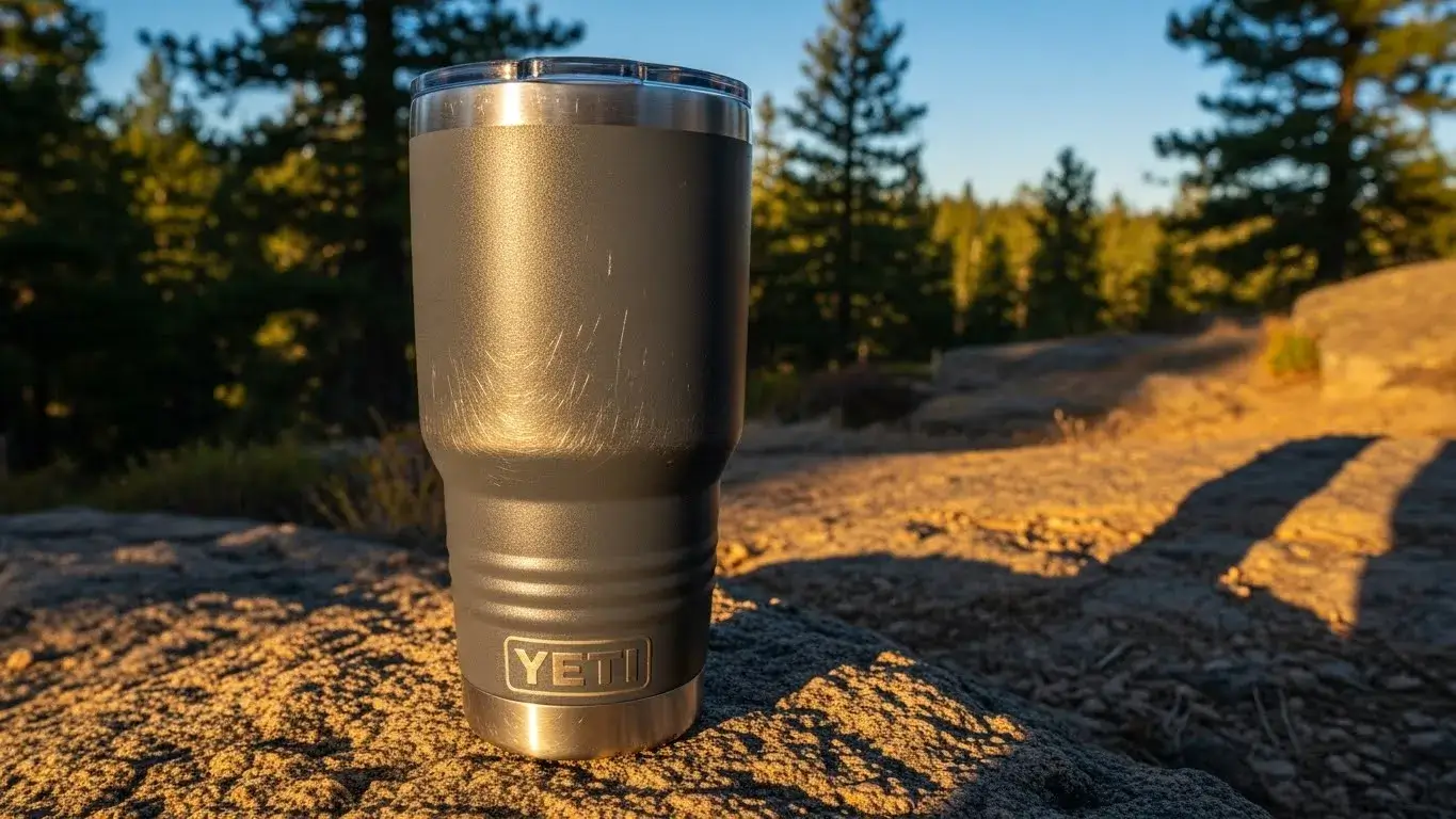 YETI tumbler on a rocky outdoor trail